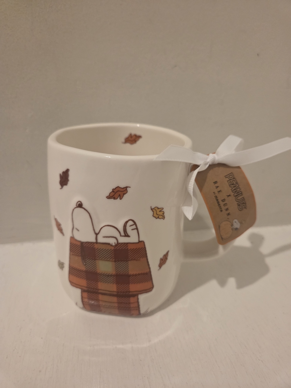Rae Dunn Peanuts Fall Is In The Air Ceramic Mug with Orange and Brown Plaid